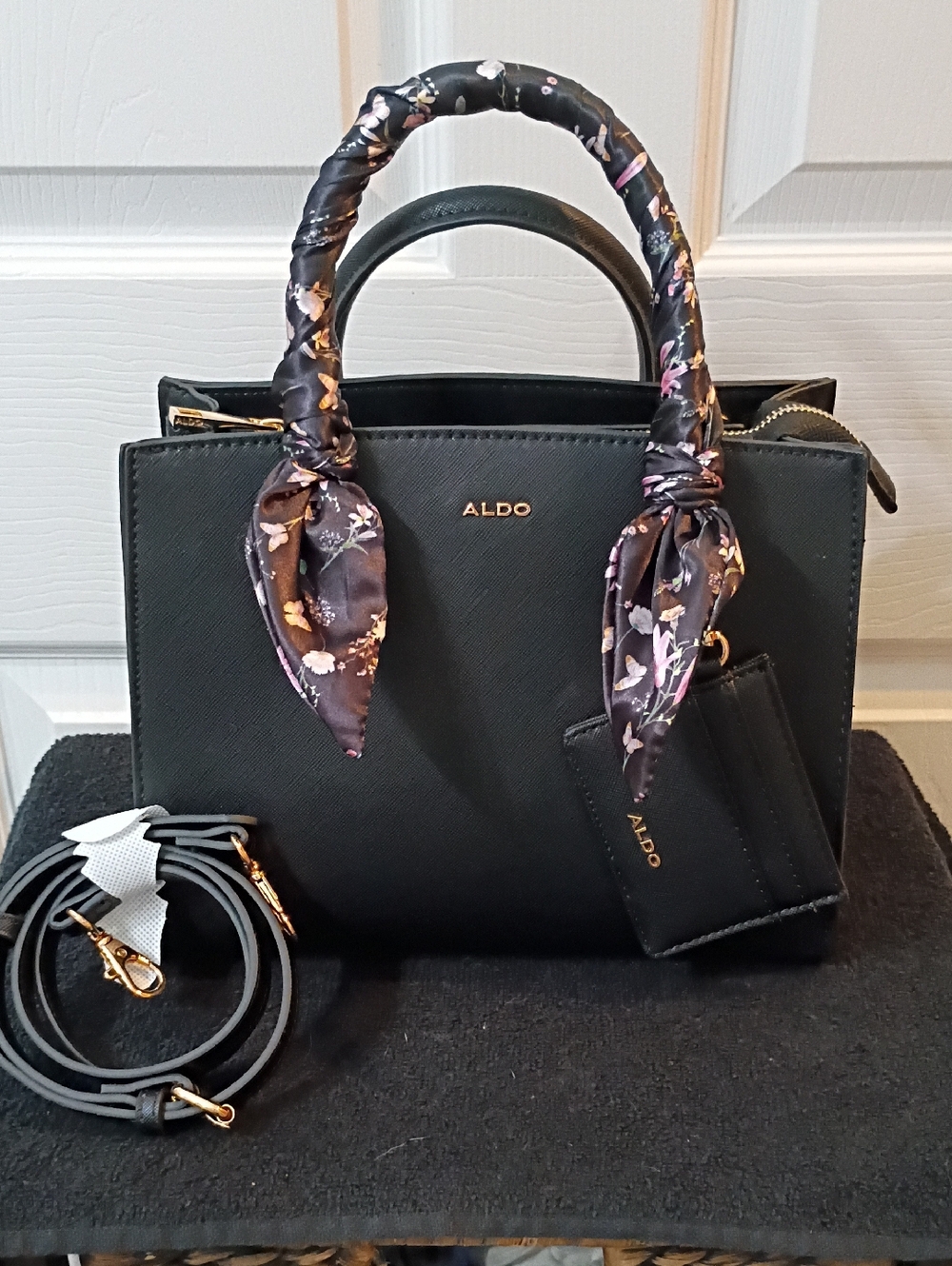 Aldo Black Structured Satchel with Floral-Print Handle Wrap